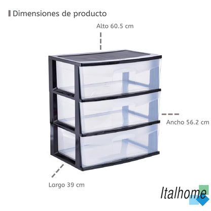Italhome Cajonera RINO 3 de Plástico 3 Cajones Grandes Transparentes, Organizador Multiusos para Hogar y Oficina, Mueble Resistente, Color Negro