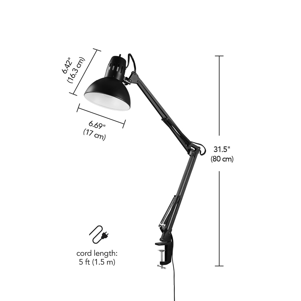 Globe Electric 56963 32 inch Swing Arm Desk Lamp with Metal Clamp, Black Finish