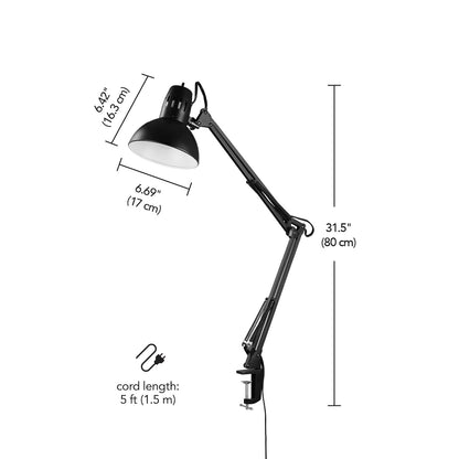 Globe Electric 56963 32 inch Swing Arm Desk Lamp with Metal Clamp, Black Finish