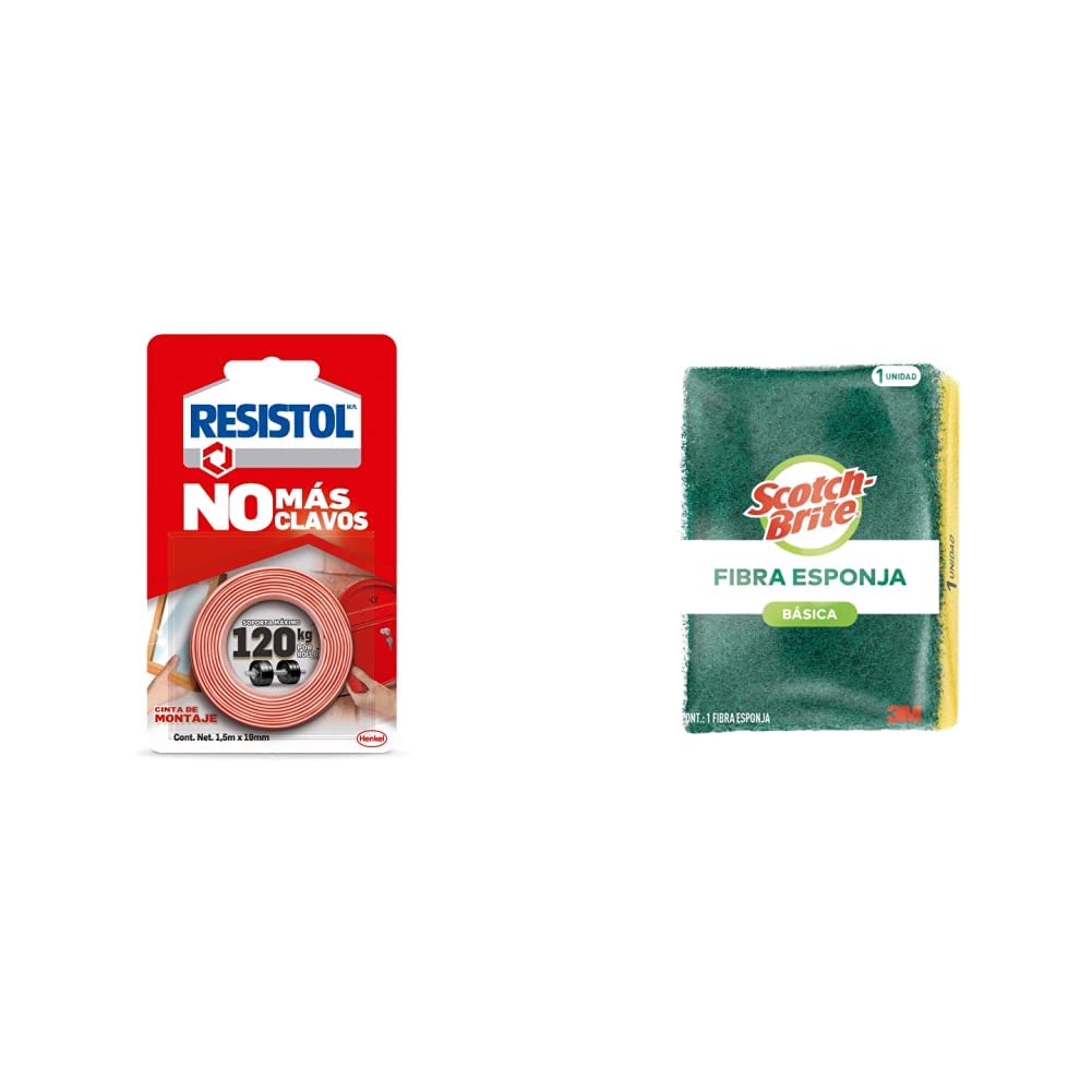 Resistol No Más Clavos Cinta de Montaje, cinta adhesiva doble cara, adhesivo fuerte, pegamento para espejos,1x120kg + 3M Scotch-Brite 3M Fibra Esponja, Tamaño Grande