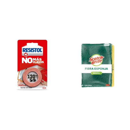Resistol No Más Clavos Cinta de Montaje, cinta adhesiva doble cara, adhesivo fuerte, pegamento para espejos,1x120kg + 3M Scotch-Brite 3M Fibra Esponja, Tamaño Grande