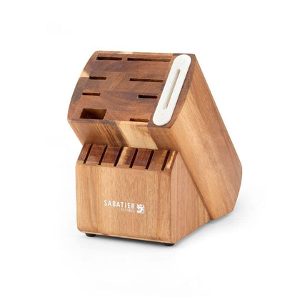 Sabatier Juego de 15 Cuchillos Forjados Edgekeeper | Con afilador integrado, acero inoxidable de alto carbono, bloque de acacia, color blanco
