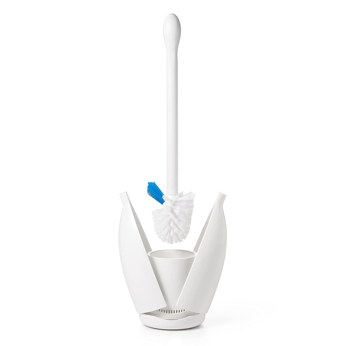OXO Good Grips - Escobilla para Inodoro, Color Blanco | El recipiente almacena cepillo para polvo, cerdas cónicas para una limpieza a fondo, ideal para la limpieza del baño