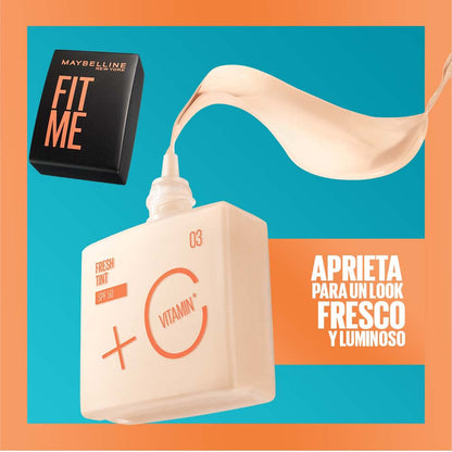 Maybelline Base de maquillaje Fit Me Fresh Tint 07, 30 ml, larga duración, alta cobertura, para todo tipo de piel, fórmula con Vitamina C y protector solar FPS50