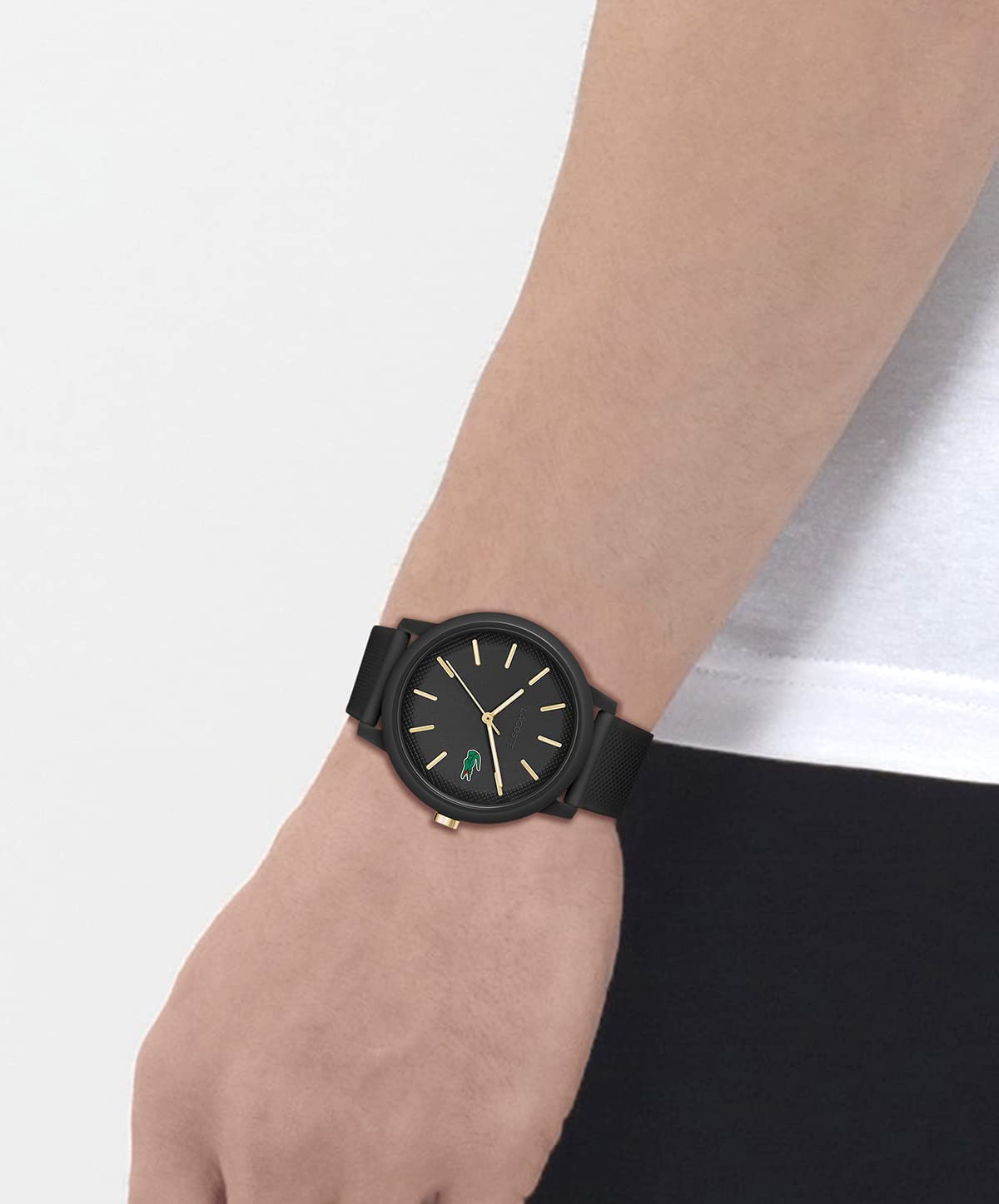 Lacoste 12.12 Chrono Reloj de silicona para hombre, Negro Oro, 42 mm, Goma