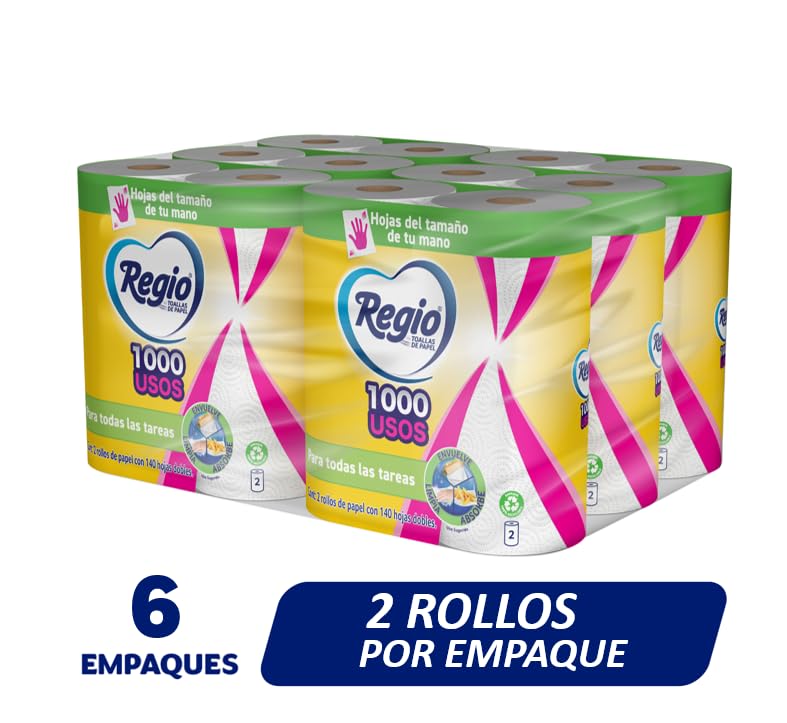 Regio Toalla de Papel 1000 Usos 12 Rollos De 140 hojas dobles c/u