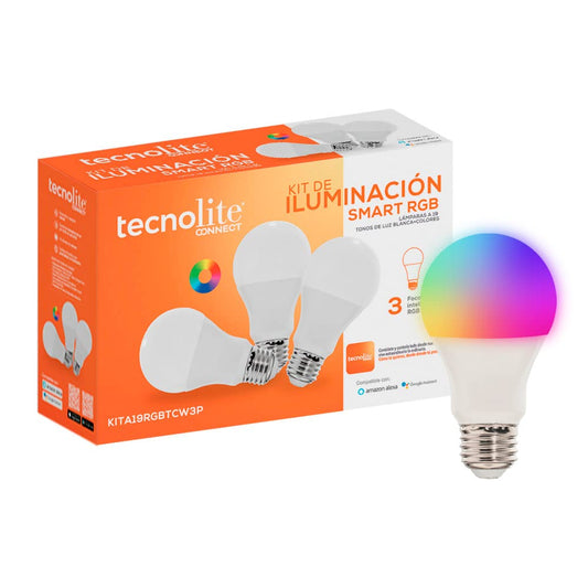 Tecnolite Connect - Paquete 3 Focos Inteligentes RGB WiFi y Bluetooth, Compatible con Alexa por la App Connect para Celular, Luz Fría y Cálida, Iluminación Interiores RGB