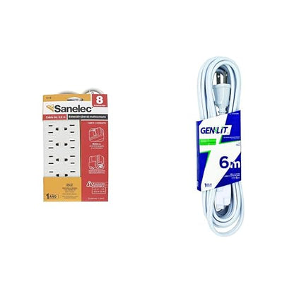 SANELEC, Extensión, Barra Multicontacto, 8 Entradas, Cable de 90 cm, Modelo 1310 + Genlit GL-XTDO6MB Extension Domestica, color Blanca, 6 m