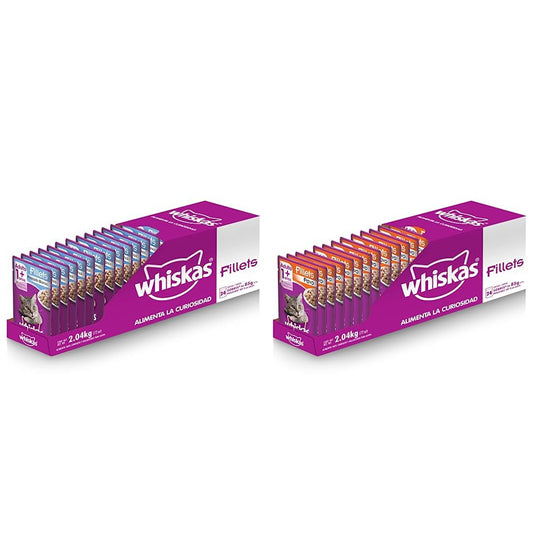 Whiskas Alimento Húmedo para Gatos, Sabor Filete Pescado Blanco, 85g c/u. Paquete de 24 Unidades + Alimento Húmedo para Gatos, Sabor Filetes De Pavo 85g c/u. Paquete de 24 Unidades