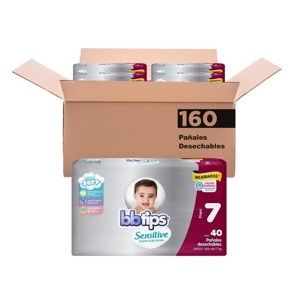 BBtips Sensitive Pañales Talla 7/XXL Grande - 4 Bolsas x 40 Pañales c/u, Total: 160 Pañales