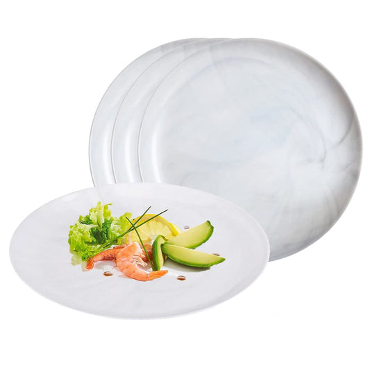 Trilogy | Set de 4 Platos Llanos o Trinche Redondos de Vidrio Opal Ultra Resistente, Colección Marble con Terminado Marmoleado, Gris, 25 cm, Hechos en Francia