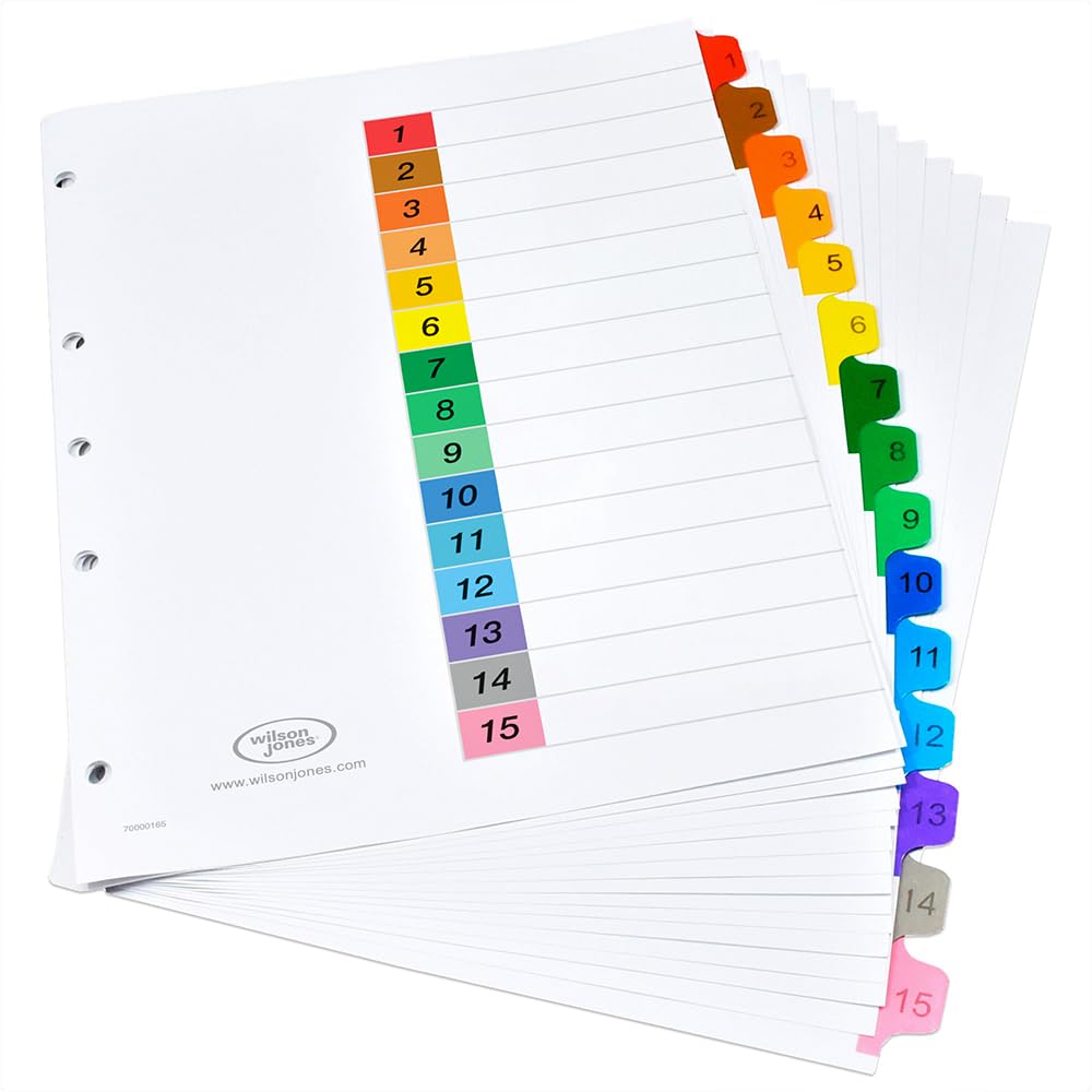 Wilson Jones Separadores con Cejas de Color y Numeración, 8 Divisiones, Tamaño Carta, 5 Perforaciones Reforzadas, Paquete con 24 Juegos. P1365