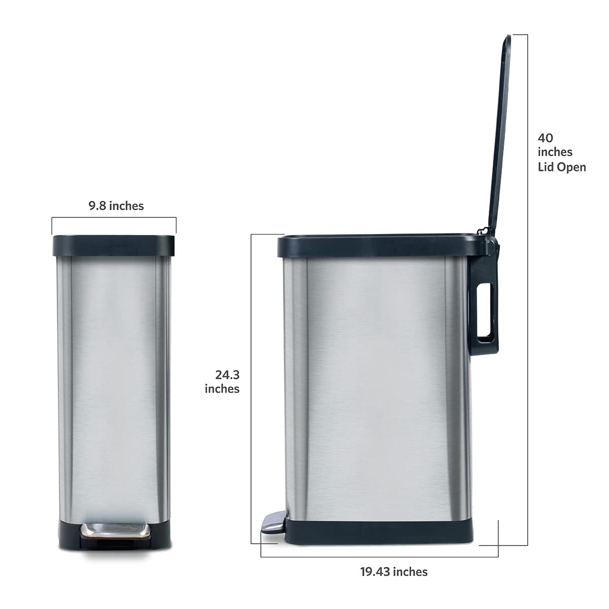 Glad Cubo de basura delgado con protección contra olores Clorox – Cubo de basura de cocina estrecho con tapa de cierre suave, pedal y soporte para rollo de bolsa de basura, acero inoxidable, 45 litro