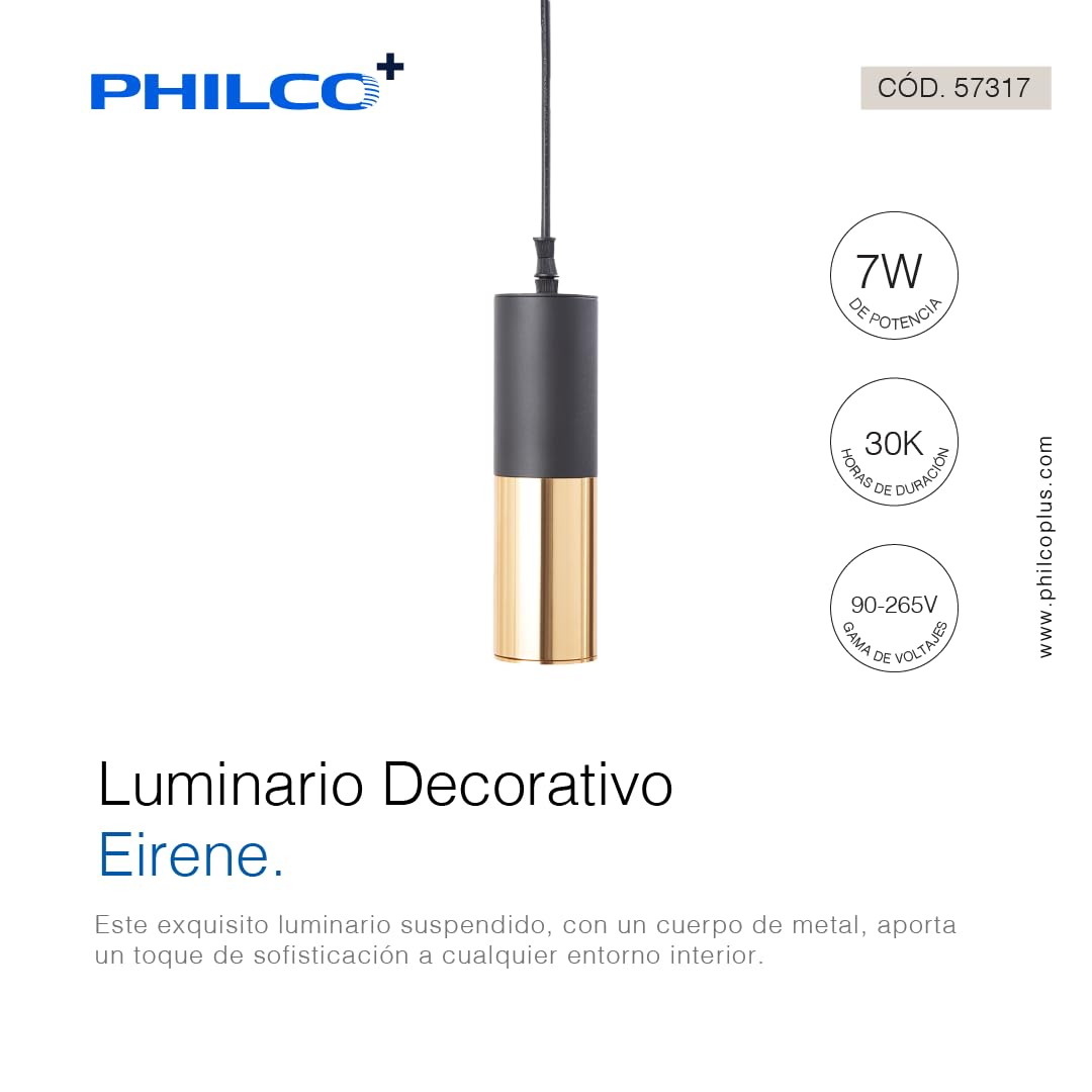 Philco Luminario Decorativo Eirene. Potencia 7 W, Temperatura de color: 3,000K, luz cálida, vida útil de 30,000 horas, cable suspensión de 1 metro