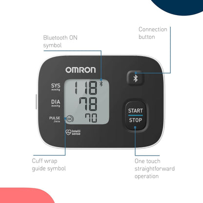 OMRON RS3 Baumanómetro de Muñeca, Bluetooth y App OMRON Connect | Validado clínicamente. Bluetooth y app OMRON connect. Muñeca 13.5-21.5 cm. Memoria 30 lecturas. Guía de ajuste de brazalete.