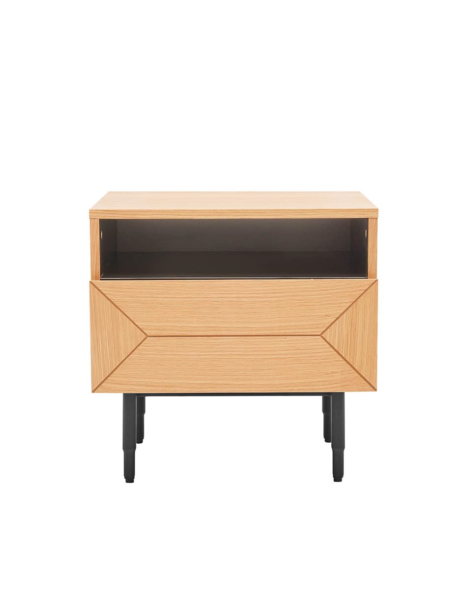 Buró Mobica Visby Moderno de Chapa de Roble con Espacio Laminado Negro, Acabado en Laca, Patas de Metal, 50 cm
