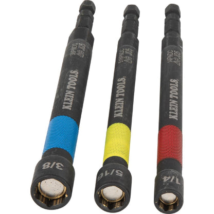 Klein Tools 65411PK3 Juego de tuercas eléctricas magnéticas codificadas por colores, unidad hexagonal de impacto de 1/4 pulgadas, eje de 5 pulgadas, alcance extendido, 3 piezas