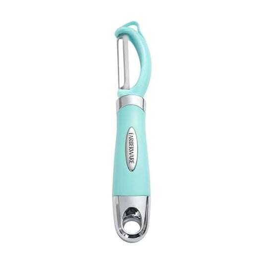 Farberware Euro Peeler, un esencial de cocina para pelar productos rápido y fácil, chocolate, quesos y más, cuenta con agujero para colgar para un fácil almacenamiento, apto para lavaplatos, Aqua Sky