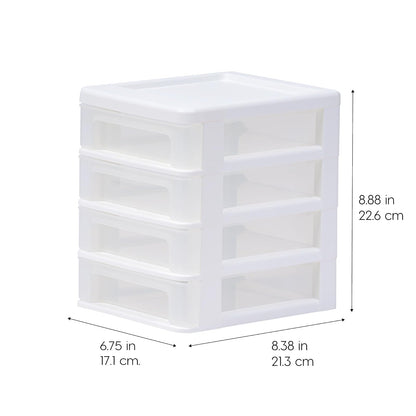 IRIS USA Pequeño Organizador de Escritorio de 4 Cajones, Paquete de 2, Apilable, para Oficina, Escuela, Papelería, Maquillaje, Baño, Suministros Médicos, Almacenamiento Versátil, Blanco