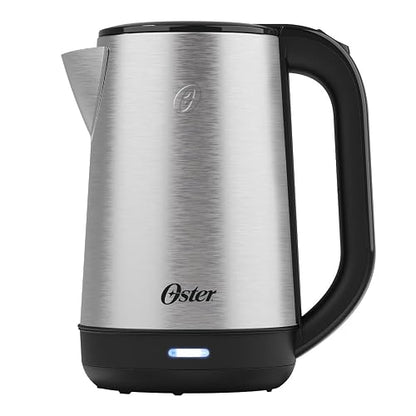 Oster Hervidor Eléctrico de Acero Inoxidable 1200 W con Capacidad de 2 L | Apagado automático, base antideslizante, luz LED, diseño ergonómico y asa que no se calienta,