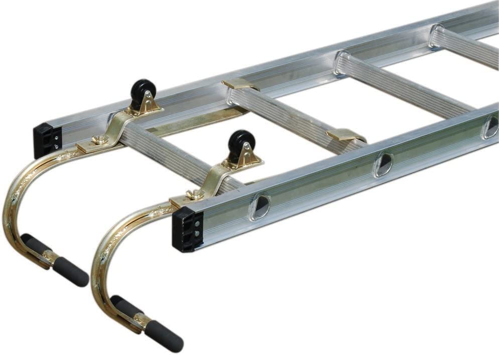 Paquete de 2 ganchos de techo de escalera de acero galvanizado resistente con rueda, agarre de goma en T para prevención de daños, instalación rápida y fácil para acceder a techos empinados