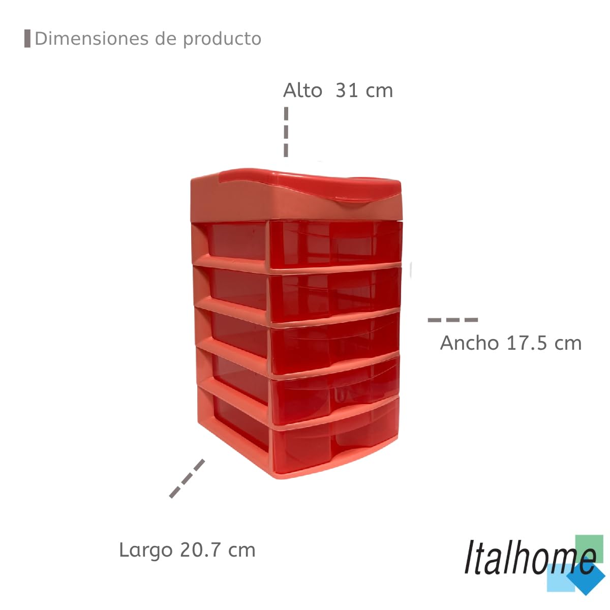 Italhome Cajonera de Plástico Sesia Salmon, Mini Organizador de Escritorio Multiusos con 5 Cajones Transparentes