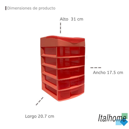 Italhome Cajonera de Plástico Sesia Salmon, Mini Organizador de Escritorio Multiusos con 5 Cajones Transparentes