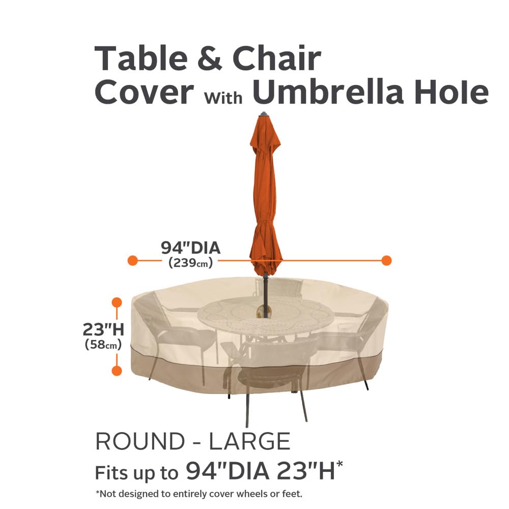 Classic Accessories Veranda - Juego de Mesa y Silla Redonda de 94 Pulgadas, Resistente al Agua, con Agujero para Paraguas, Cubierta de Mesa para Exteriores
