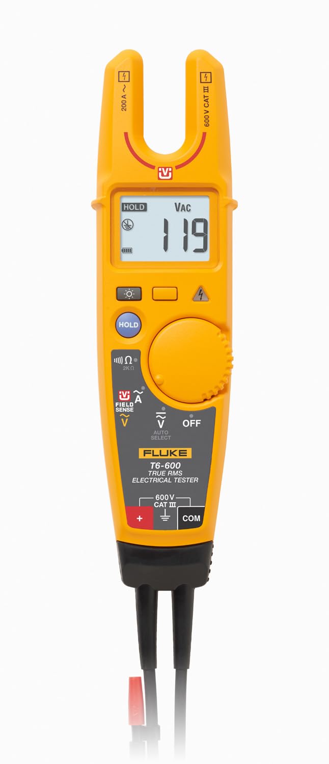 Fluke T6‑600 Detector de Voltaje Comprobador FieldSense Medidor TRUE RMS 600 V / 200 A Resistencia Hasta 2 kΩ Pantalla Retroiluminada