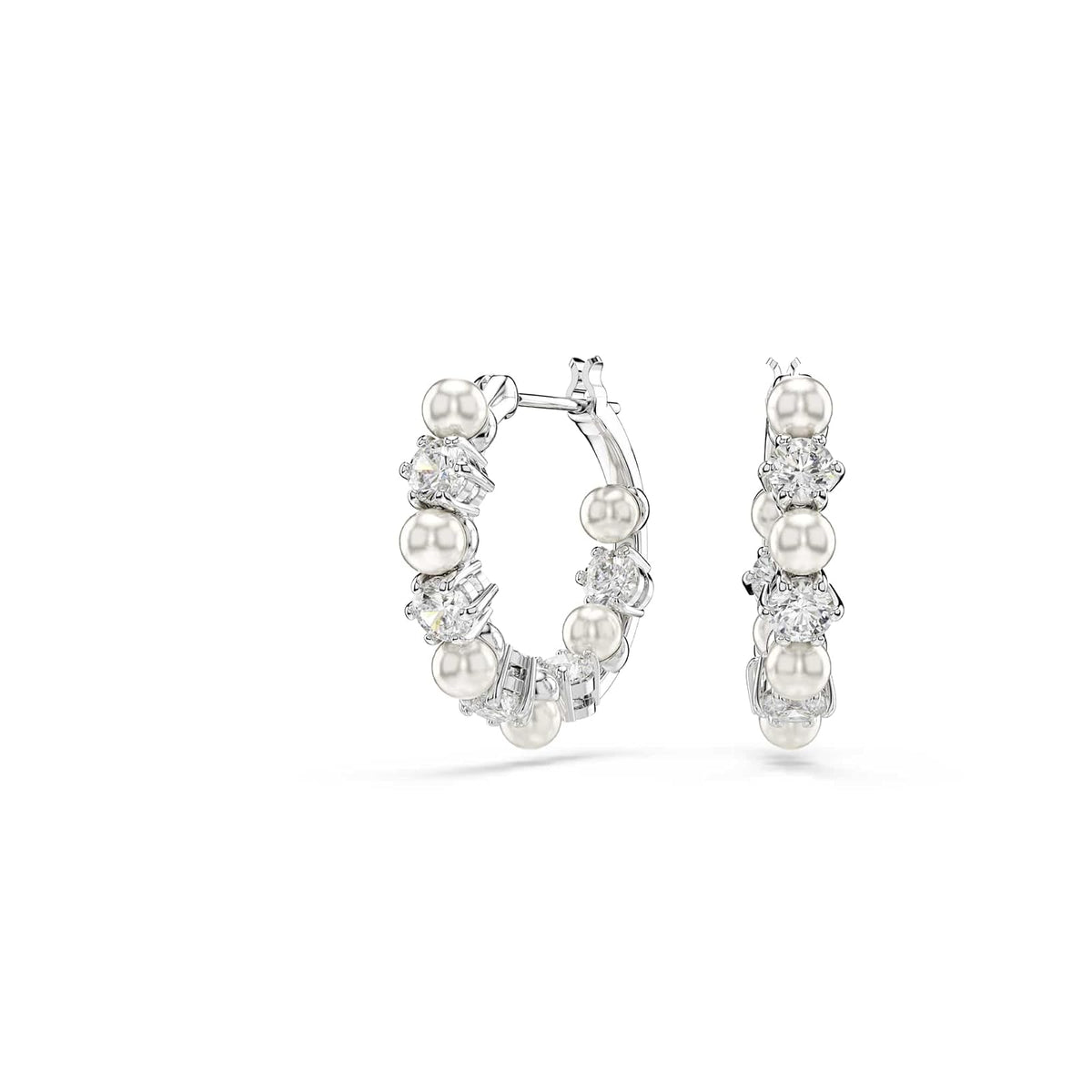 Swarovski Aretes Matrix, Perla de cristal, Talla redonda, Blancos, Baño de rodio
