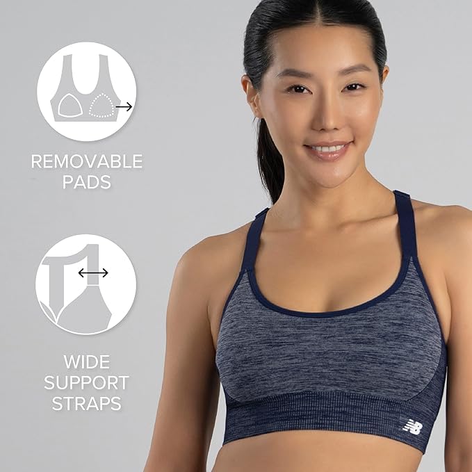 New Balance - Brasier Deportivo Ajustable para Mujer, sin Costuras, con Soporte Medio, con Almohadillas para Orejas extraíbles