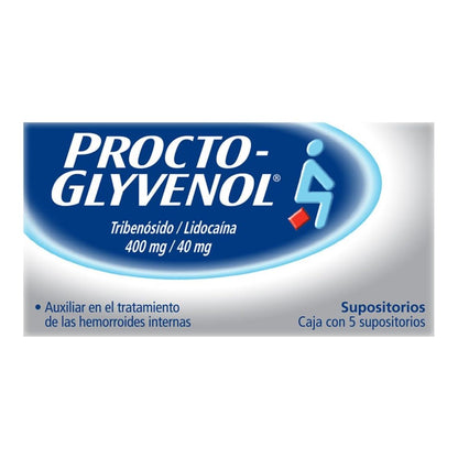 Procto-Glyvenol, Supositorios 400mg, Elimina Hemorroides, para el Dolor, Ardor y Comezón, 5 unidades