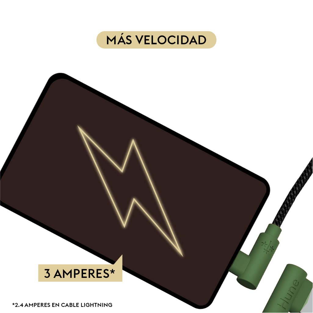 Cable Hune Sustentable 3en1 Microusb, Tipo C Y Lightning 90° (Bosque)
