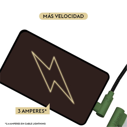 Cable Hune Sustentable 3en1 Microusb, Tipo C Y Lightning 90° (Bosque)