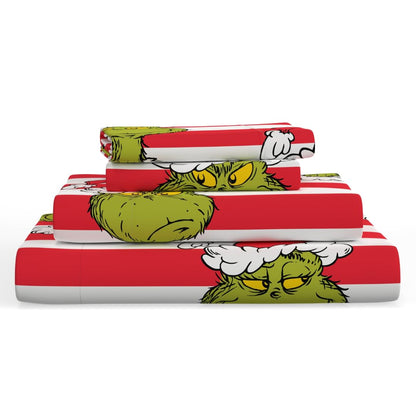 Franco Peanuts Snoopy Juego de Sábanas de Franela 100% Algodón - Queen - Grinch - Grinch Stripes