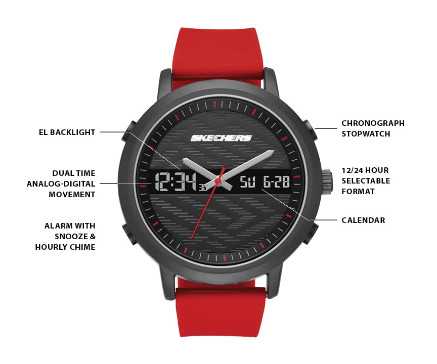 Skechers SR5073 Reloj Análogo/Digital para Hombre con Correa de Silicon, color Negro/Rojo