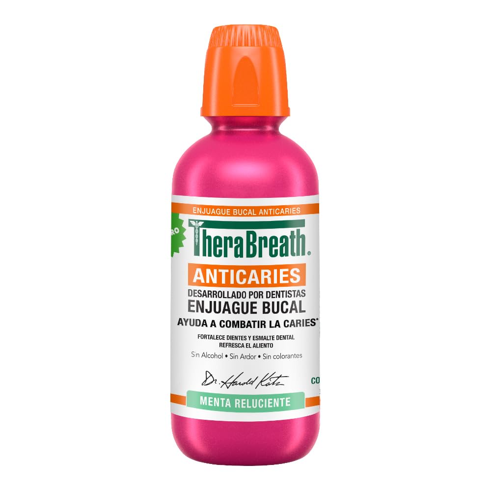 TheraBreath Enjuague Bucal sin Alcohol Anticaries Menta Reluciente, 473 ml. | Ayuda a Combatir la Caries, Fortalece el Esmalte Dental y Refresca el Aliento. Sin Ardor ni Colorantes Artificiales