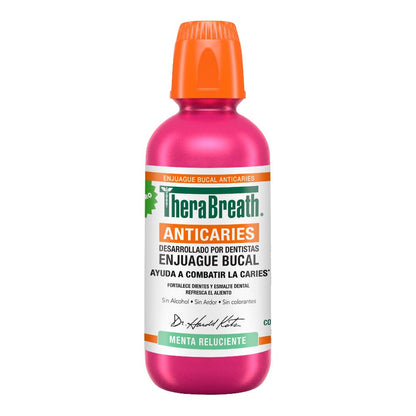 TheraBreath Enjuague Bucal sin Alcohol Anticaries Menta Reluciente, 473 ml. | Ayuda a Combatir la Caries, Fortalece el Esmalte Dental y Refresca el Aliento. Sin Ardor ni Colorantes Artificiales