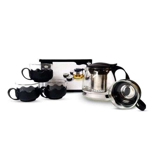 TRESSO Set de tetera de cristal de 700 ml con 4 tazas de 150 ml cada una, Color Negra