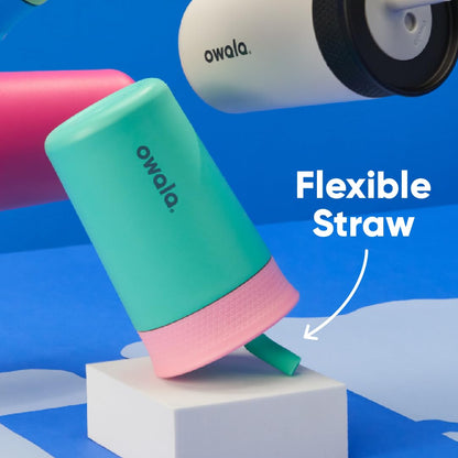 Owala - Vaso aislante de acero inoxidable para niños, con popote flexible resistente a derrames, fácil de limpiar, botella de agua para niños, ideal para viajes, apto para lavaplatos, 12 onzas, rosa y morado (cohete lila)
