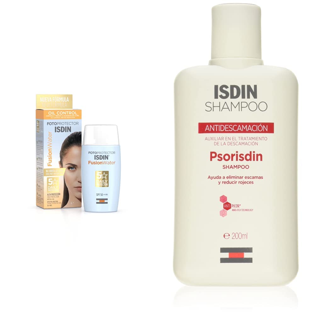 ISDIN Fotoprotector Fusion Water SPF 50, Protector Solar Facial de fase acuosa para uso diario, Textura ultra ligera, 50 ml + Psor champu antidescamacion, elimina escamas y reduce rojeces, 200ml