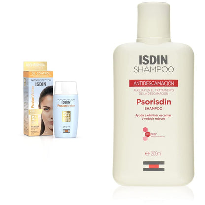 ISDIN Fotoprotector Fusion Water SPF 50, Protector Solar Facial de fase acuosa para uso diario, Textura ultra ligera, 50 ml + Psor champu antidescamacion, elimina escamas y reduce rojeces, 200ml