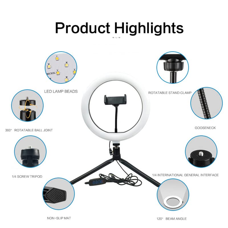 SYINTAO Luz de Relleno Vivo de sobremesa de Anillo Luminoso de 10" con Soporte, 120 Perlas.