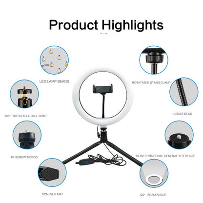 SYINTAO Luz de Relleno Vivo de sobremesa de Anillo Luminoso de 10" con Soporte, 120 Perlas.