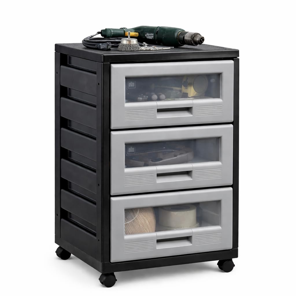 Italhome Mueble De Plástico En Color Negro Gris Con 3 Cajones, Cajonera Organizador Multiusos Con Ruedas Piave