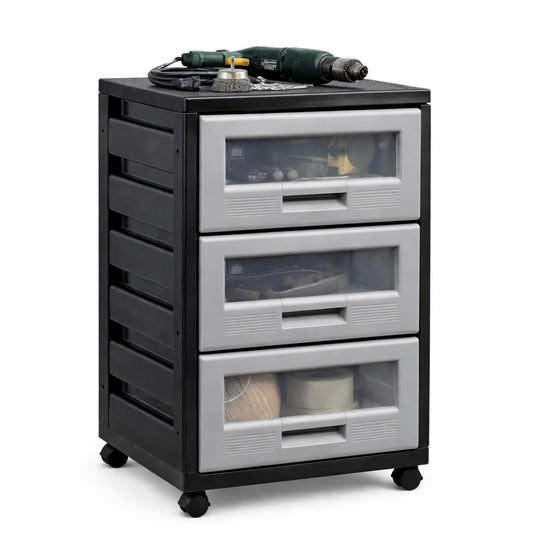 Italhome Mueble De Plástico En Color Negro Gris Con 3 Cajones, Cajonera Organizador Multiusos Con Ruedas Piave