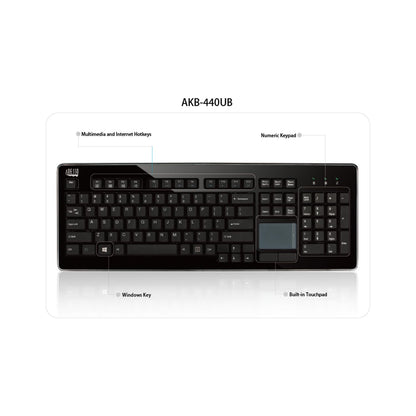 Adesso Teclado Mini USB 87 Teclas con Touchpad Integrado 7 Teclas Multimedia Acabado Metálico 104 Teclas Windows Plug and Play Negro