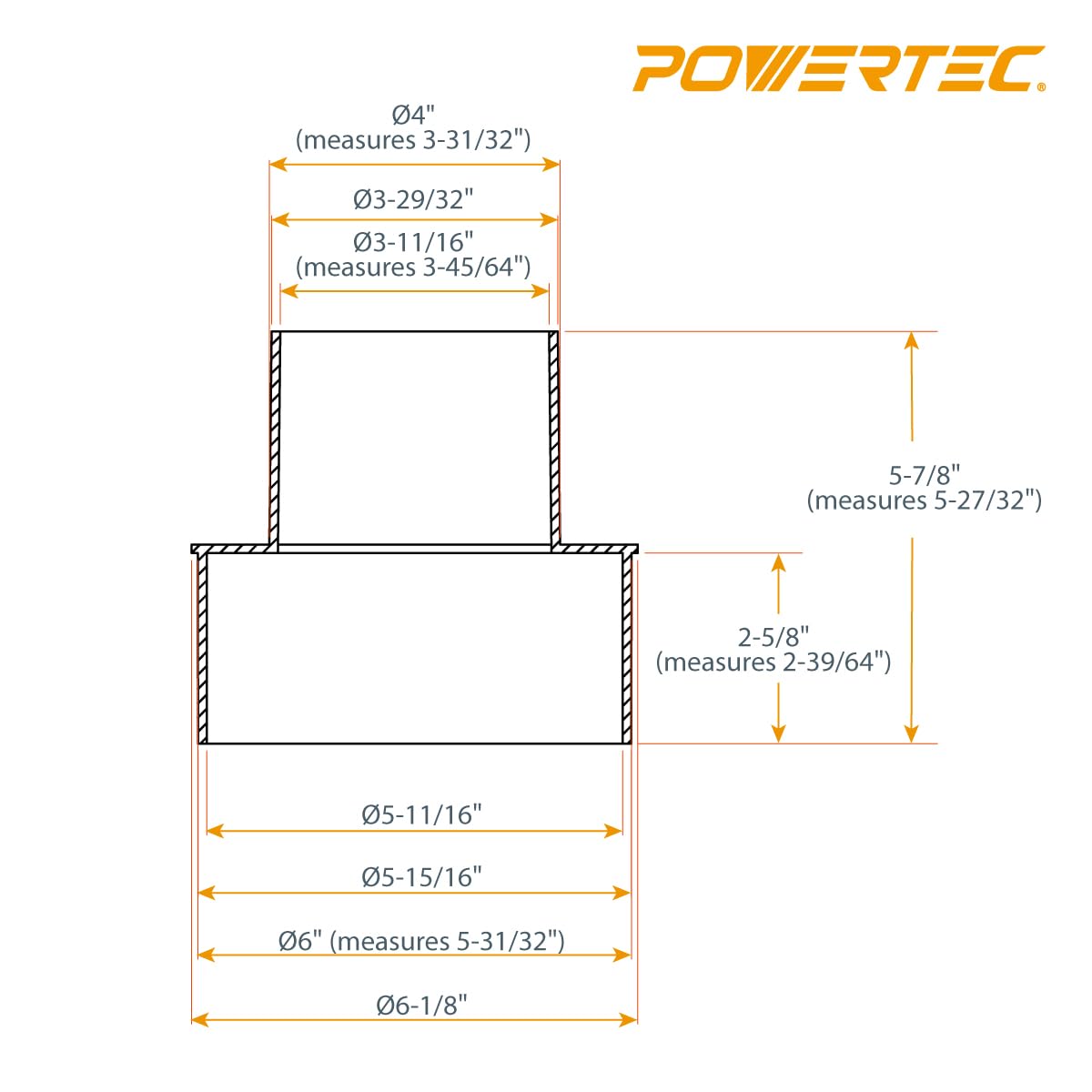 POWERTEC 70362 Reductor de recogida de polvo de 6 pulgadas OD a 4 pulgadas OD con puño flexible de control de polvo de 6 pulgadas