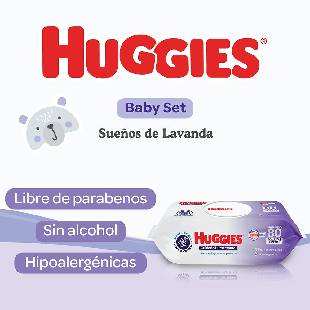 HUGGIES Baby Set Sueños de Lavanda, Caja con 1 Paquete de Huggies UltraConfort RN-1 de 44 pzs, 2 Paquetes Toallitas Húmedas Humectante 80’s, 1 Crema HUGGIES Lavanda 250ml y 1 Shampoo Lavanda 250ml