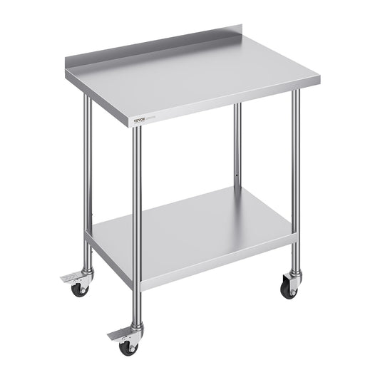 VEVOR Mesa de Trabajo de Acero Inoxidable 91,4x61x100,6 cm Mesa de Preparación de Alimentos con Ruedas Estantes Regulables en Altura Unidad de Almacenamiento de Alimentos para Restaurante Bar Hotel